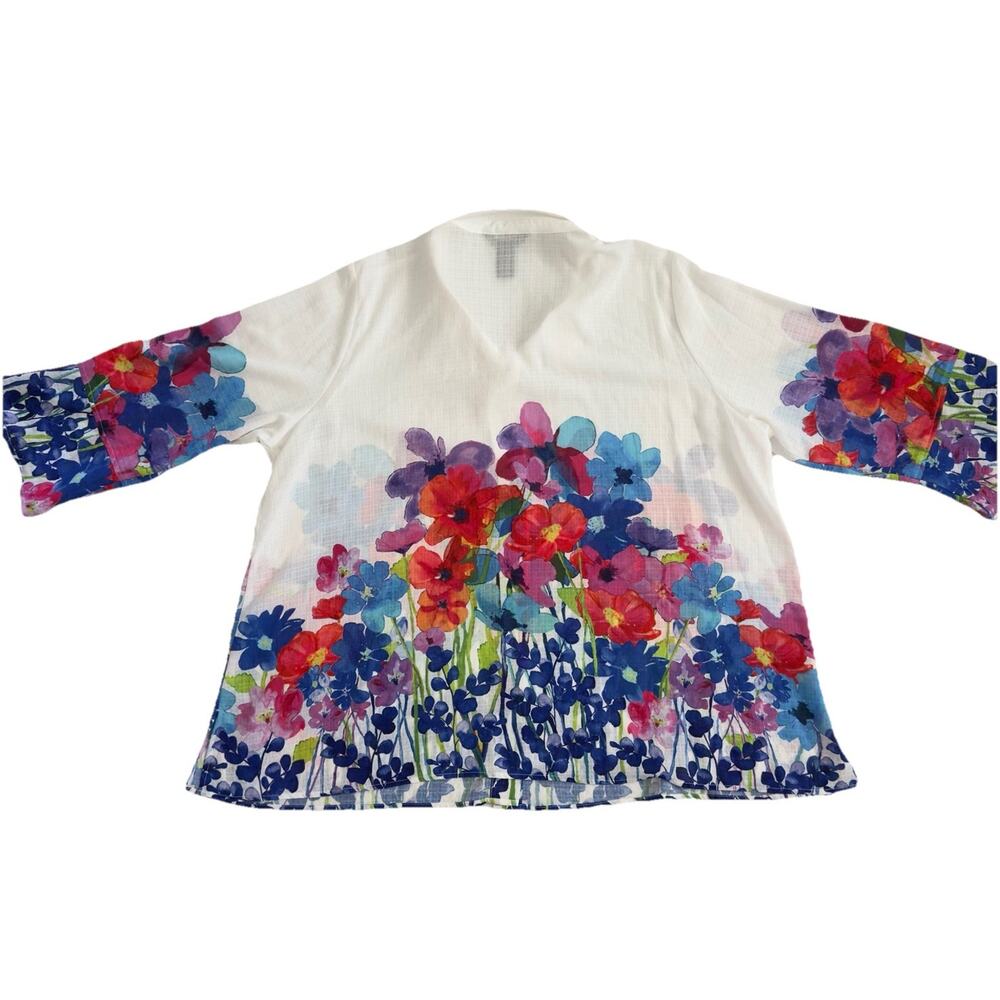 Ali Miles 2X White Multi Floral 3/4 Bell Sleeve Button Front Shirt Blouse Artsy - Picture 5 of 11